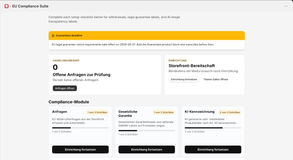 EU Compliance Suite App-Start: Übersicht mit Handlungsbedarf, Storefront-Bereitschaft und Compliance-Modulen