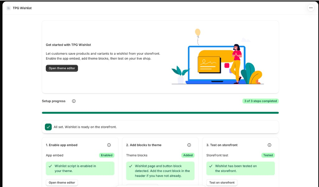 Wishlist & KI Try‑On Admin: Setup abgeschlossen – App Embed, Theme Blocks und Storefront-Test