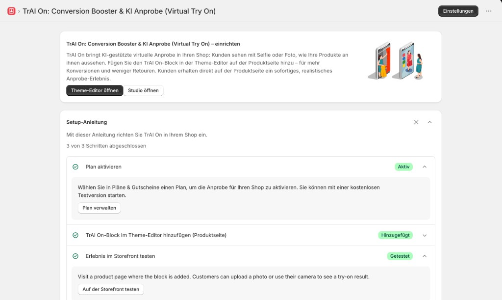 TrAI On Shopify App: Einrichtung mit Theme-Editor, Studio-Zugang und Setup-Anleitung