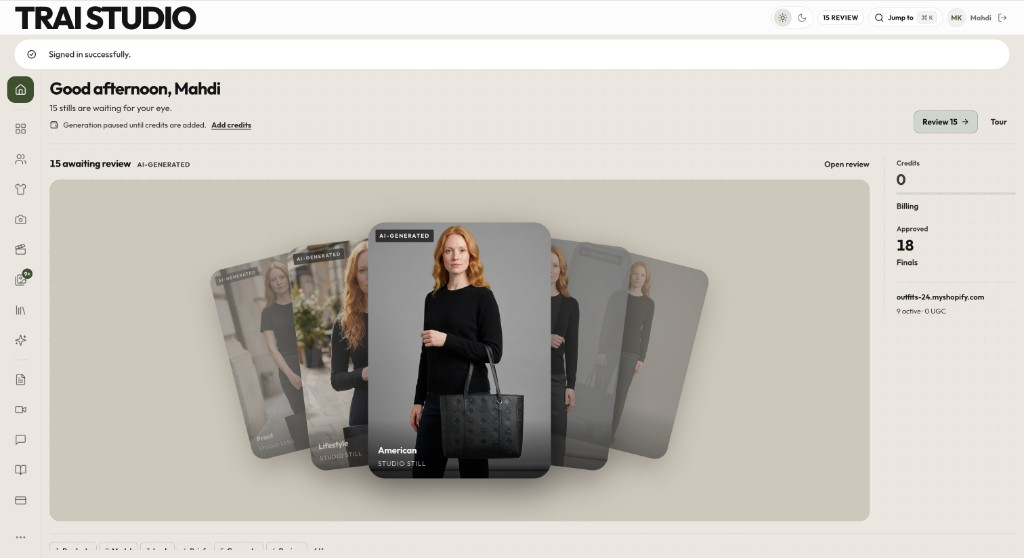 TrAI Studio: Review von KI-generierten Studio-Stills mit Credits und Shopify-Anbindung