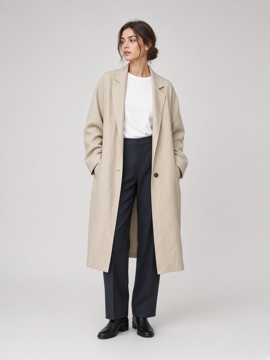 AI-generated demo preview: person wearing a linen coat as try-on result